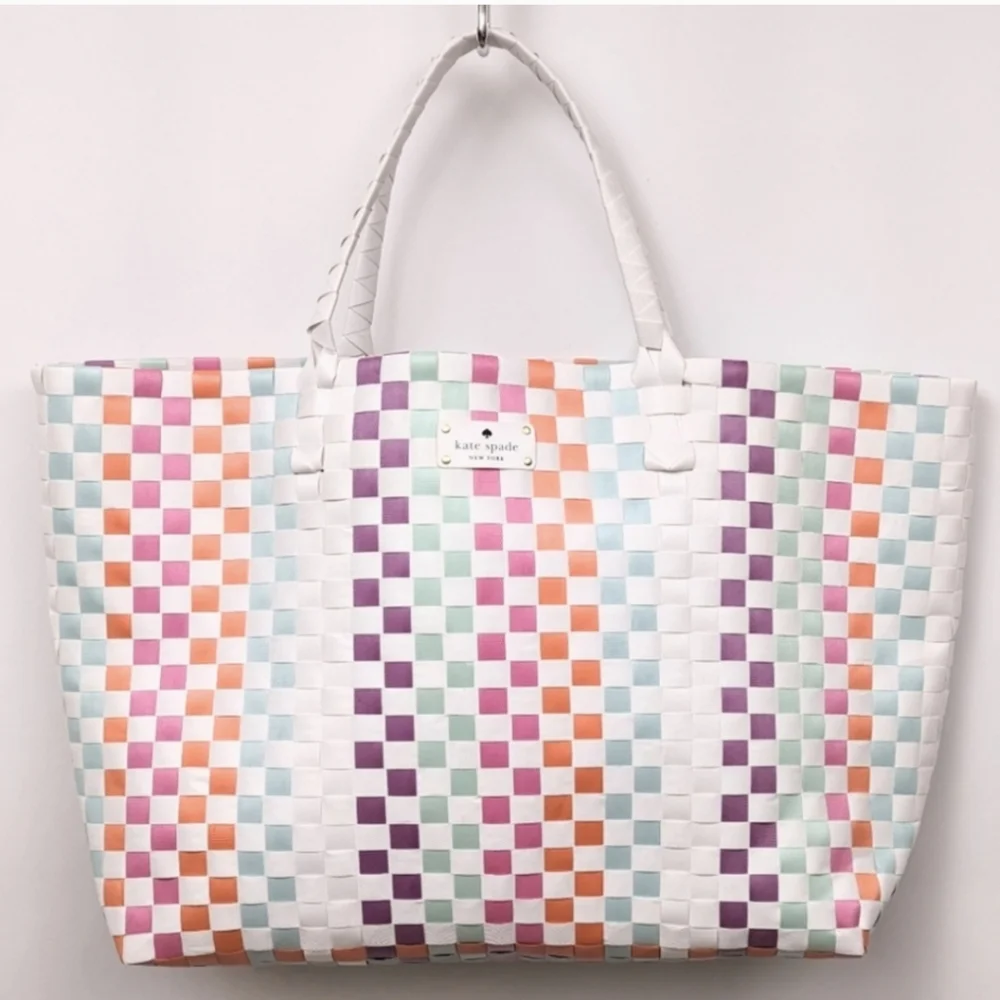 Kate Spade Multicolor Woven Tote Checkerboard Pastel Brights Striped Beach Bag L